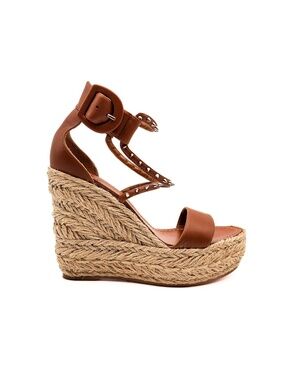 Christian Louboutin Spike Brown Leather Buckle Espadrille Platform Sandals EU 36